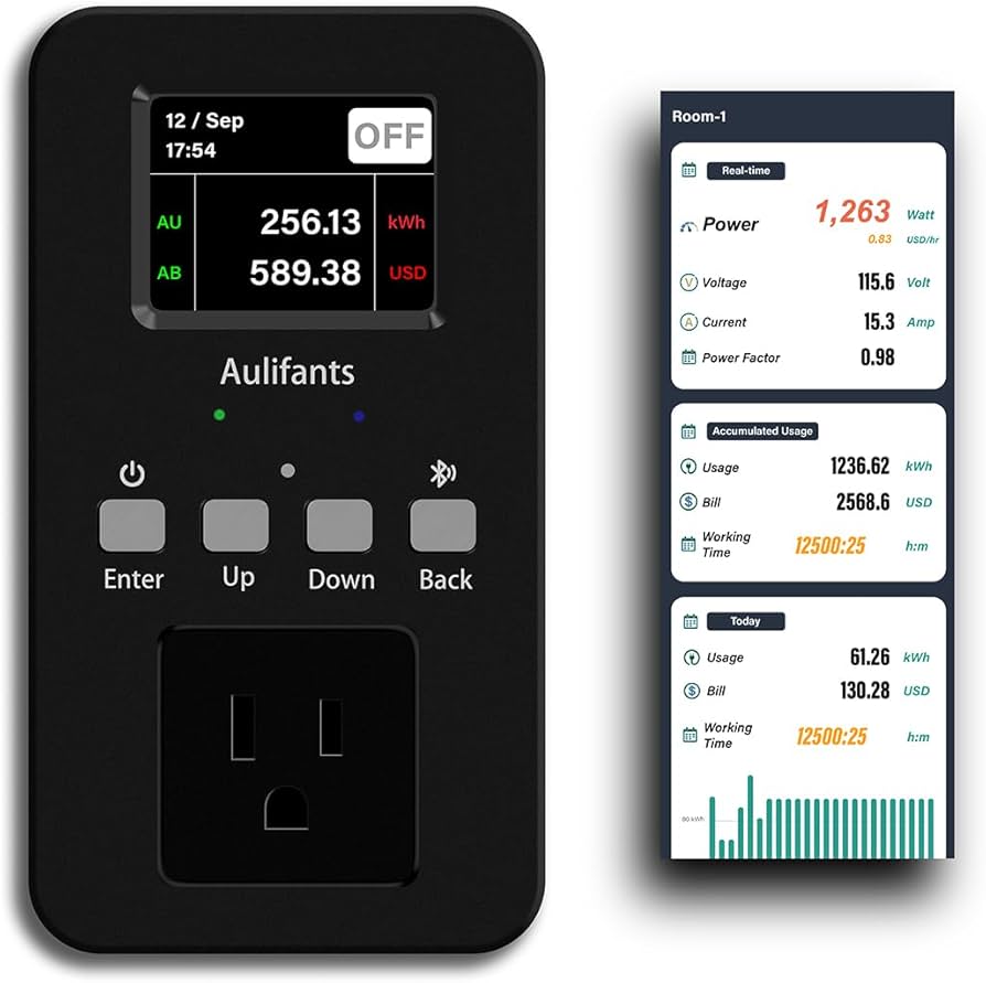 Aulifants Smart Plug mit digitaler Anzeige und App Interface