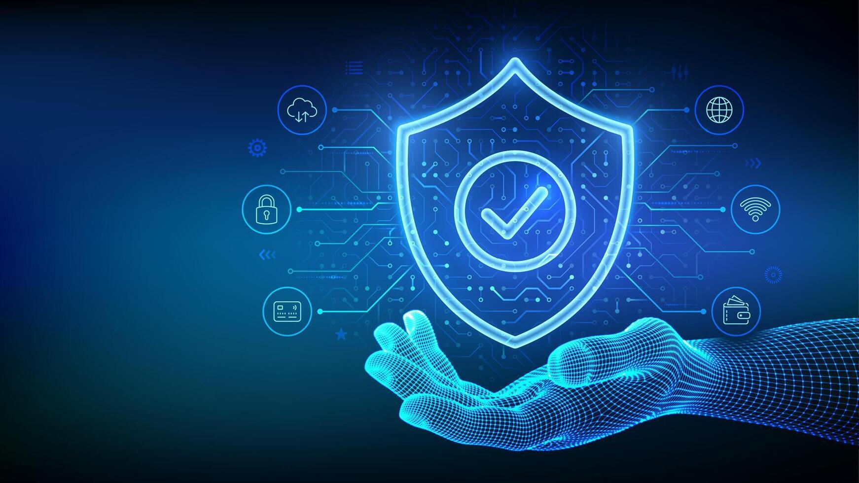 Digitales Cybersecurity Schild mit Hand und Icons für Datenschutz