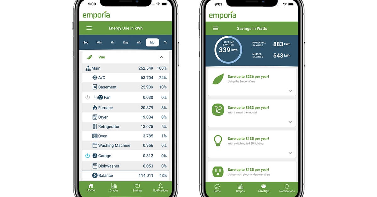 Smartphone Screens der Emporia Energie-Monitoring App mit Verbrauchsübersicht