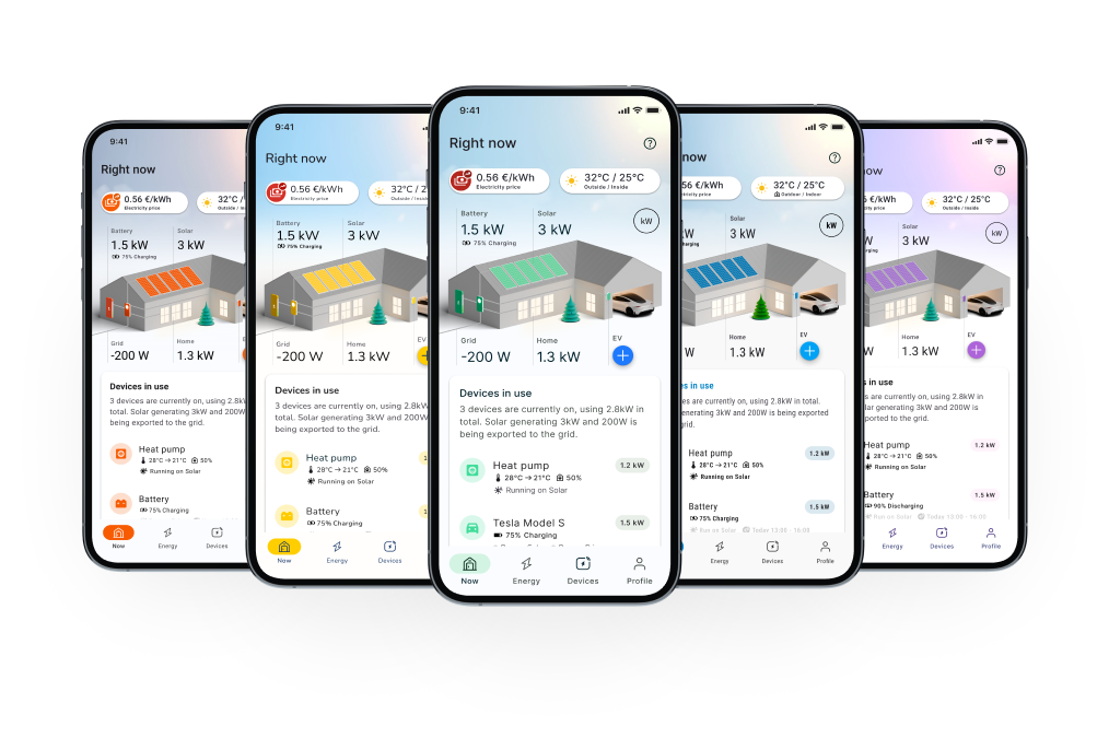 Smart Home Energie-Monitoring App Interface auf mehreren Smartphones